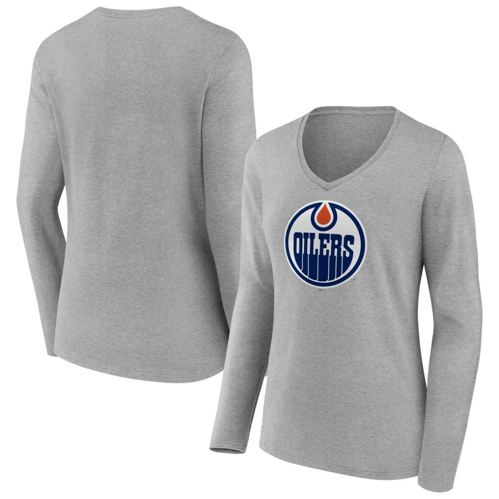 Edmonton Oilers - Women's Primary Logo Long Sleeve V-Neck T-Shirt Gray