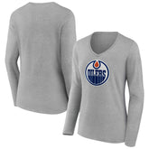 Edmonton Oilers - Women's Primary Logo Long Sleeve V-Neck T-Shirt Gray