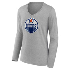 Edmonton Oilers - Women's Primary Logo Long Sleeve V-Neck T-Shirt Gray