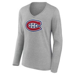 Montreal Canadiens - Women's Primary Logo Long Sleeve V-Neck T-Shirt Gray