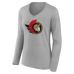 Ottawa Senators - Women's Primary Logo Long Sleeve V-Neck T-Shirt Gray