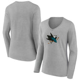 San Jose Sharks - Women's Primary Logo Long Sleeve V-Neck T-Shirt Gray