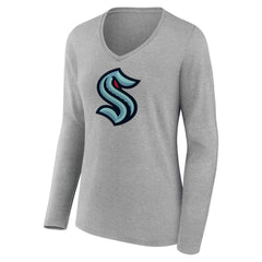 Seattle Kraken Women's Primary Logo Long Sleeve V-Neck T-Shirt Gray