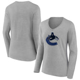 Vancouver Canucks - Women's Primary Logo Long Sleeve V-Neck T-Shirt Gray
