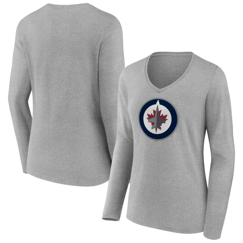 Winnipeg Jets - Women's Primary Logo Long Sleeve V-Neck T-Shirt Gray
