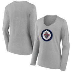 Winnipeg Jets - Women's Primary Logo Long Sleeve V-Neck T-Shirt Gray