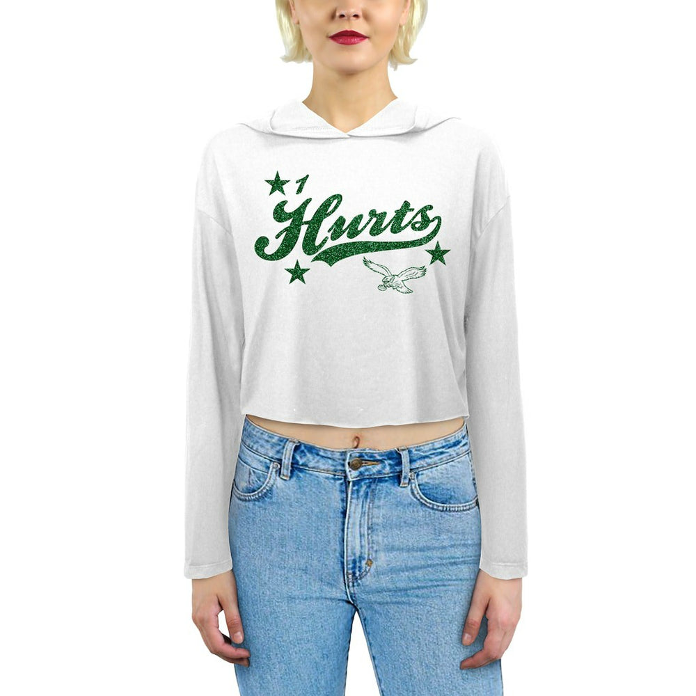 Jalen Hurts Philadelphia Eagles Majestic Threads Women's Glitter Wordmark Hoodie White - NFL