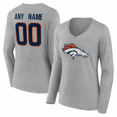 Denver Broncos Women's Team Authentic Personalized Name & Number Long Sleeve V-Neck T-Shirt Gray - NFL