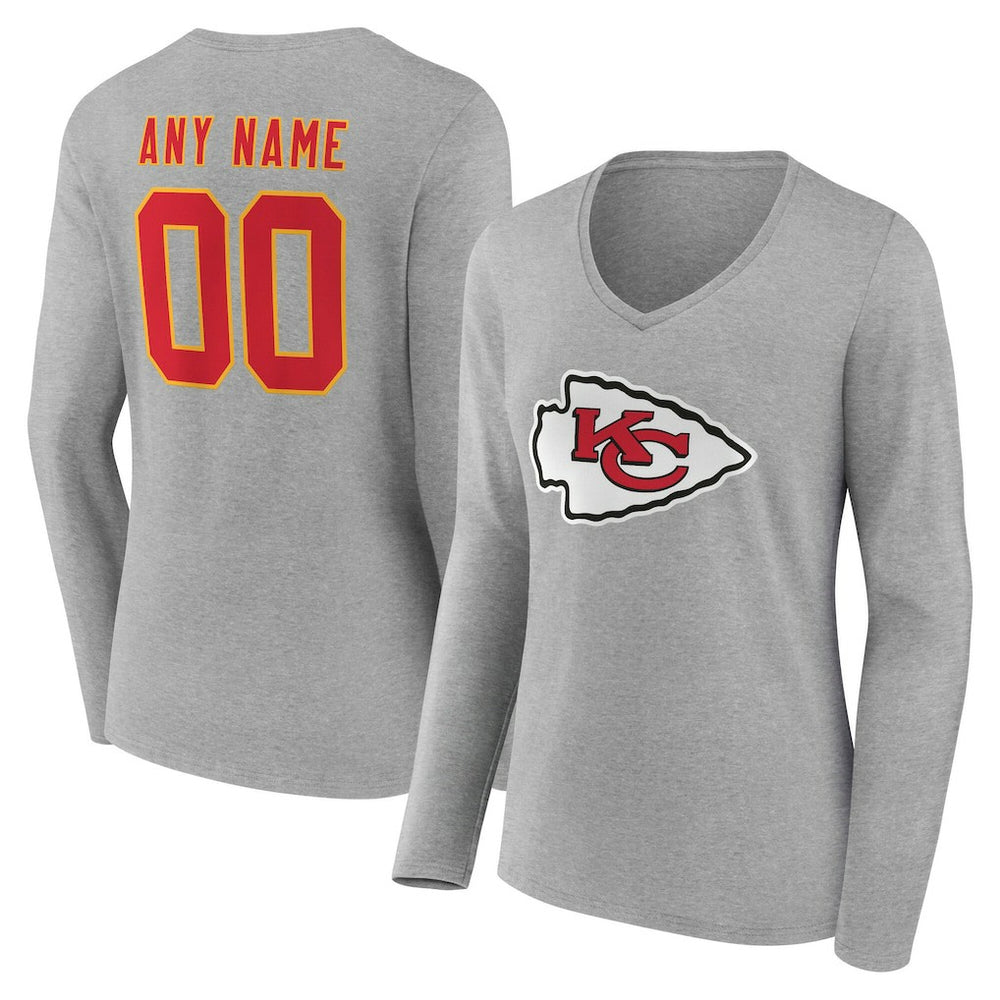 Kansas City Chiefs Women's Team Authentic Personalized Name & Number Long Sleeve V-Neck T-Shirt Gray - NFL