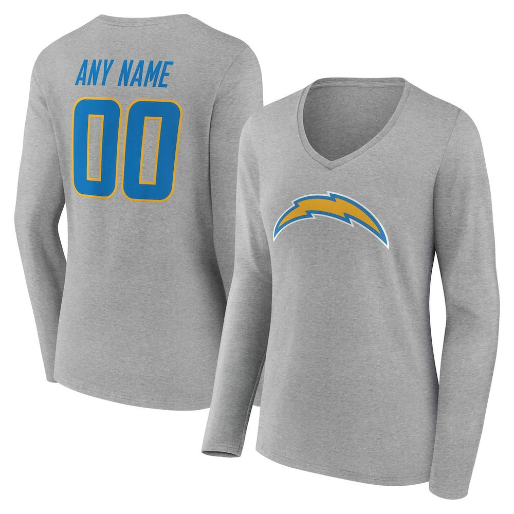 Los Angeles Chargers Women's Team Authentic Personalized Name & Number Long Sleeve V-Neck T-Shirt Gray - NFL