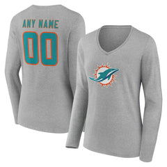 Miami Dolphins Women's Team Authentic Personalized Name & Number Long Sleeve V-Neck T-Shirt Gray - NFL