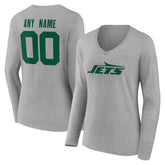 New York Jets Women's Team Authentic Personalized Name & Number Long Sleeve V-Neck T-Shirt Gray - NFL