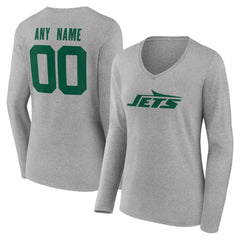 New York Jets Women's Team Authentic Personalized Name & Number Long Sleeve V-Neck T-Shirt Gray - NFL