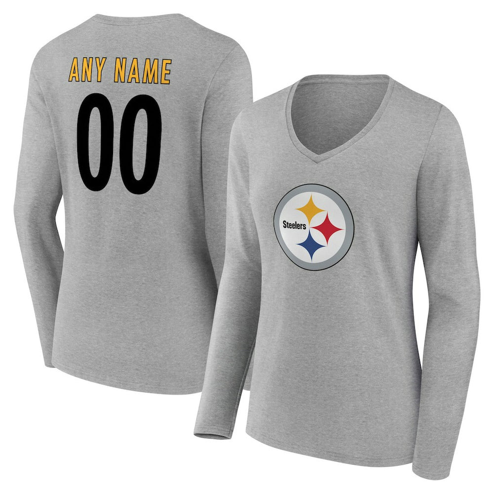 Pittsburgh Steelers Women's Team Authentic Personalized Name & Number Long Sleeve V-Neck T-Shirt Gray - NFL