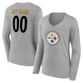 Pittsburgh Steelers Women's Team Authentic Personalized Name & Number Long Sleeve V-Neck T-Shirt Gray - NFL