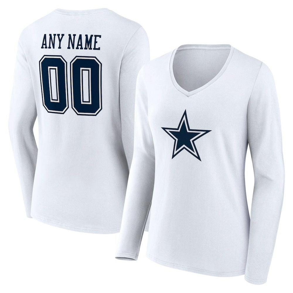 Dallas Cowboys Women's Team Authentic Personalized Name & Number Long Sleeve V-Neck T-Shirt White - NFL