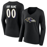 Baltimore Ravens Women's Team Authentic Personalized Name & Number Long Sleeve V-Neck T-Shirt Black - NFL