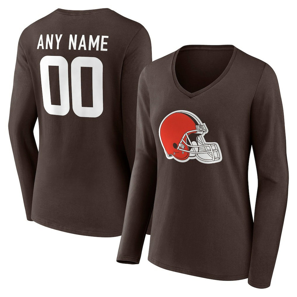 Cleveland Browns Women's Team Authentic Personalized Name & Number Long Sleeve V-Neck T-Shirt Brown - NFL
