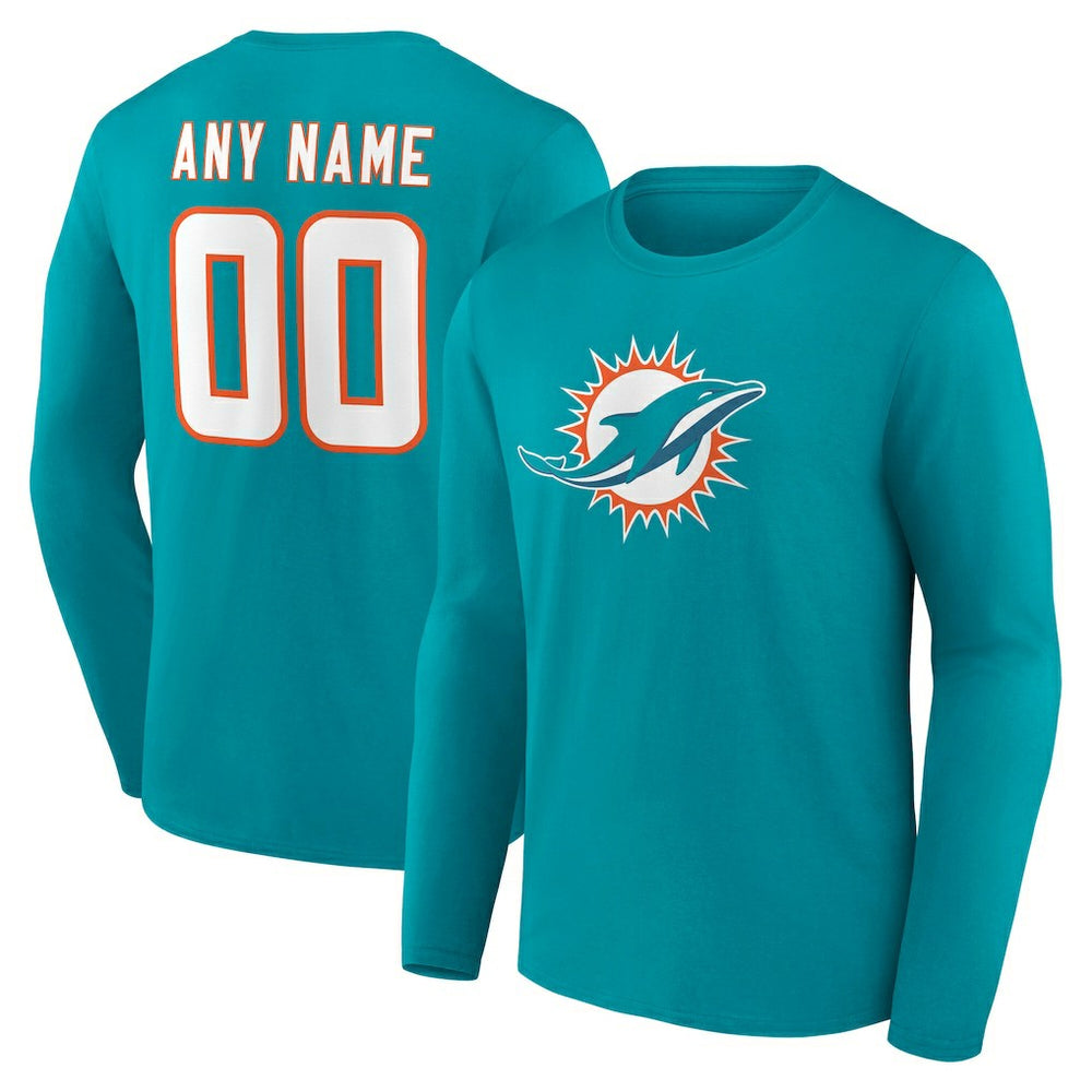 Miami Dolphins Team Authentic Personalized Name & Number Long Sleeve T-Shirt Aqua - NFL