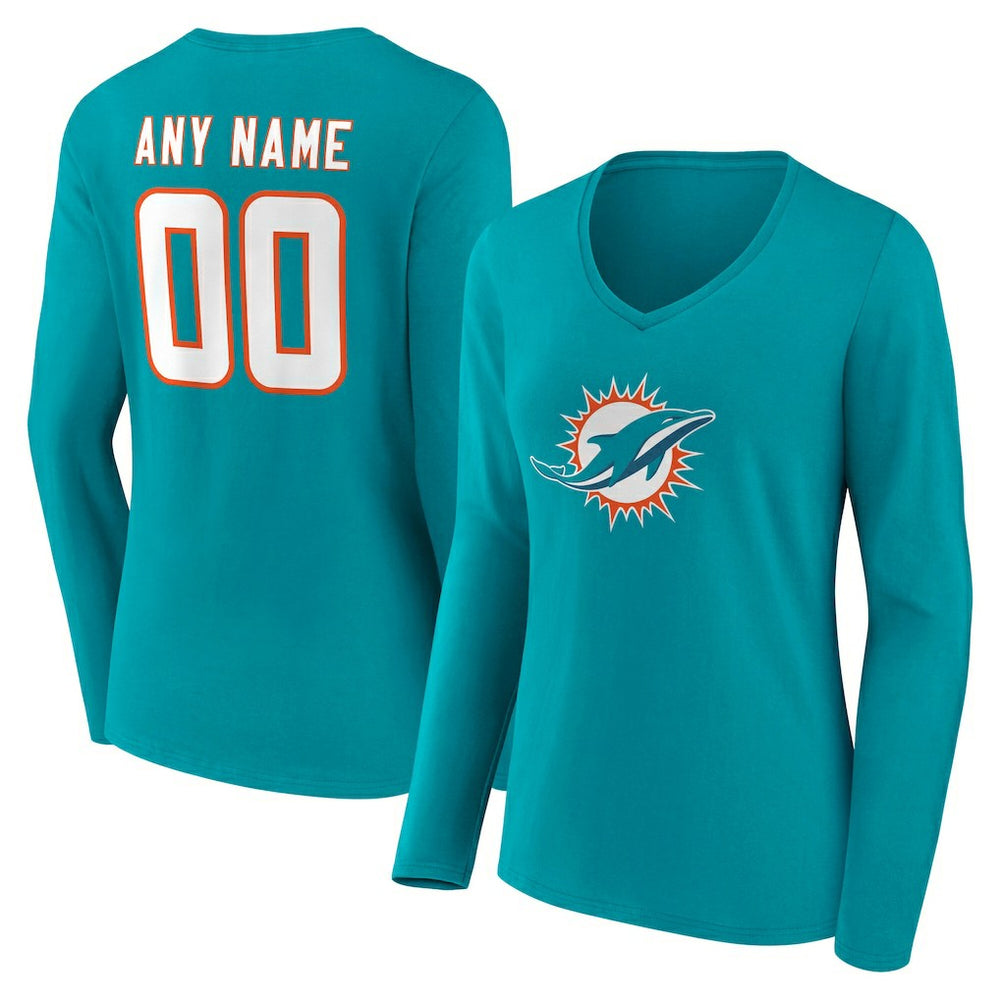 Miami Dolphins Women's Team Authentic Personalized Name & Number Long Sleeve V-Neck T-Shirt Aqua - NFL