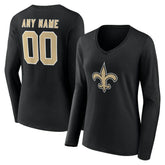 New Orleans Saints Women's Team Authentic Personalized Name & Number Long Sleeve V-Neck T-Shirt Black - NFL