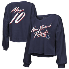 Drake Maye New England Patriots Majestic Threads Women's Off-Shoulder Script Name & Number V-Neck T-Shirt Navy - NFL