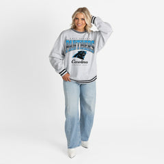 Carolina Panthers Gameday Couture Women's Oversized Gridiron Drive Ringer Stripe Sweatshirt Ash/Black - NFL