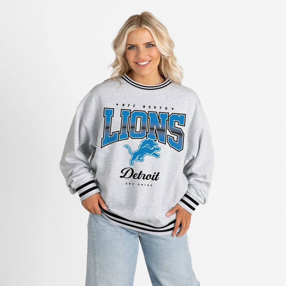 Detroit Lions Gameday Couture Women's Oversized Gridiron Drive Ringer Stripe Sweatshirt Ash/Black - NFL