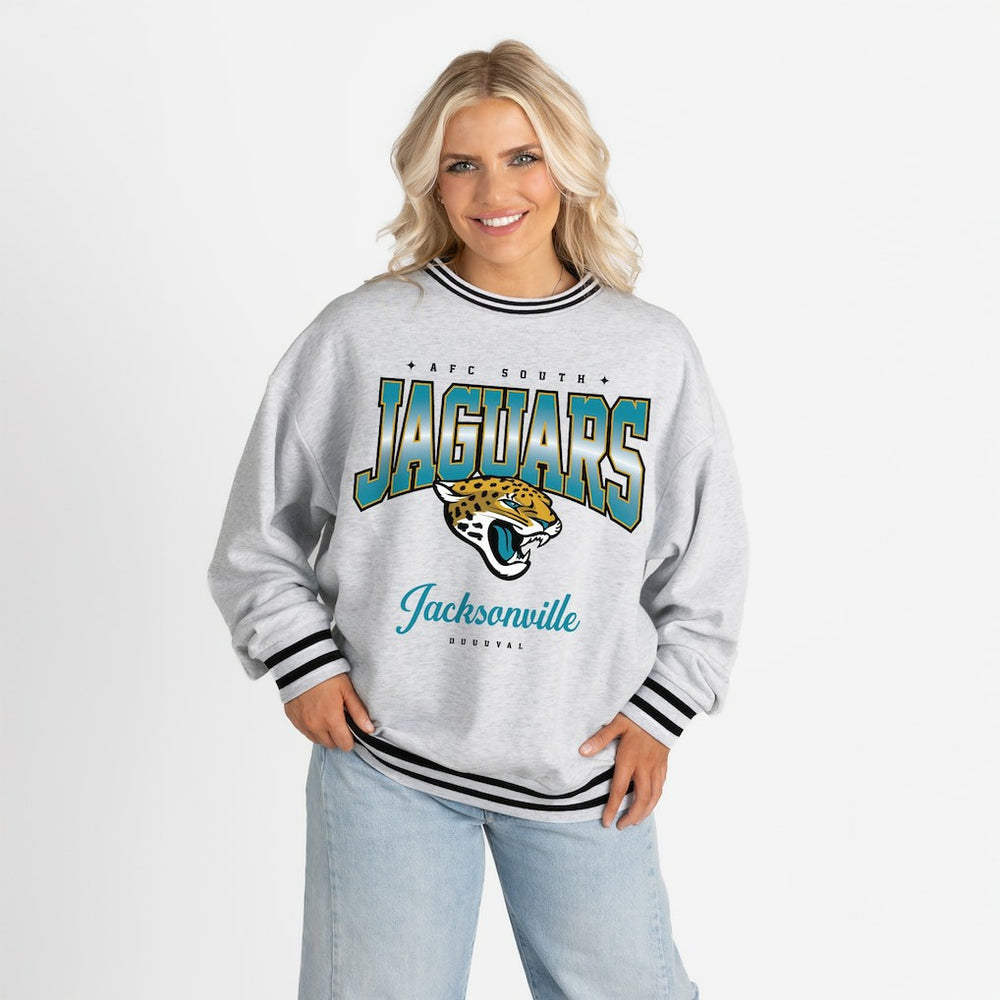 Jacksonville Jaguars Gameday Couture Women's Oversized Gridiron Drive Ringer Stripe Sweatshirt Ash/Black - NFL