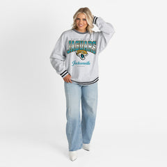 Jacksonville Jaguars Gameday Couture Women's Oversized Gridiron Drive Ringer Stripe Sweatshirt Ash/Black - NFL