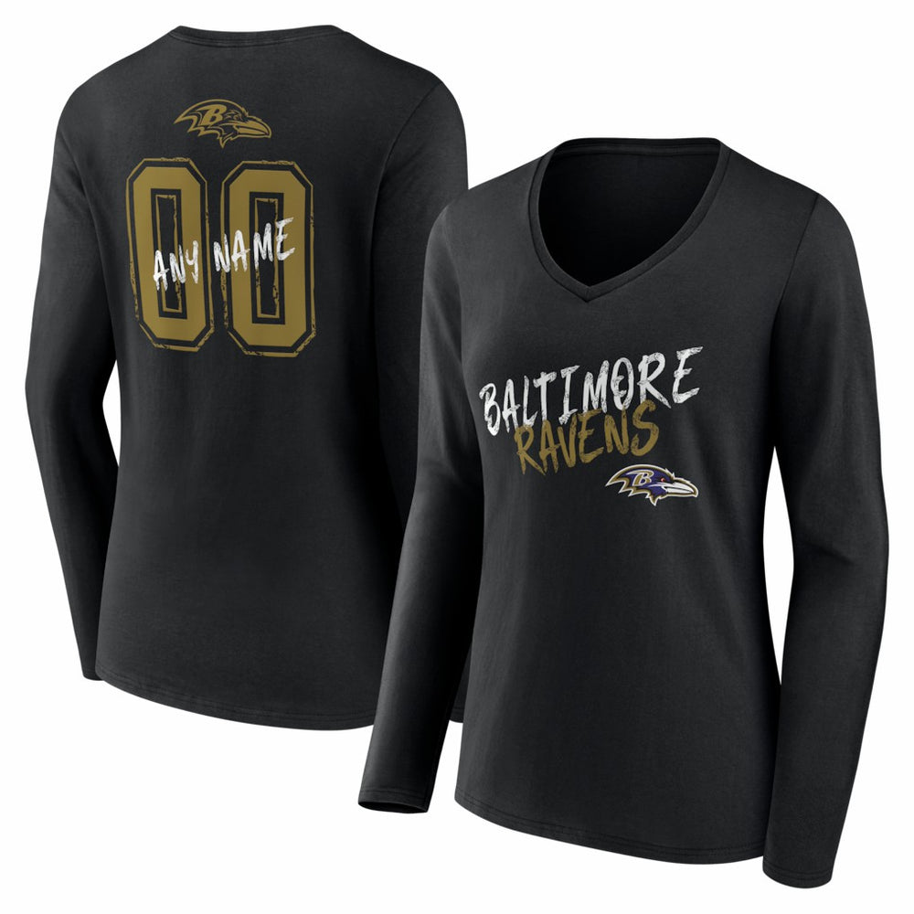 Baltimore Ravens Women's Hustle Personalized Name & Number Long Sleeve V-Neck T-Shirt Black - NFL