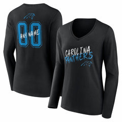 Carolina Panthers Women's Hustle Personalized Name & Number Long Sleeve V-Neck T-Shirt Black - NFL
