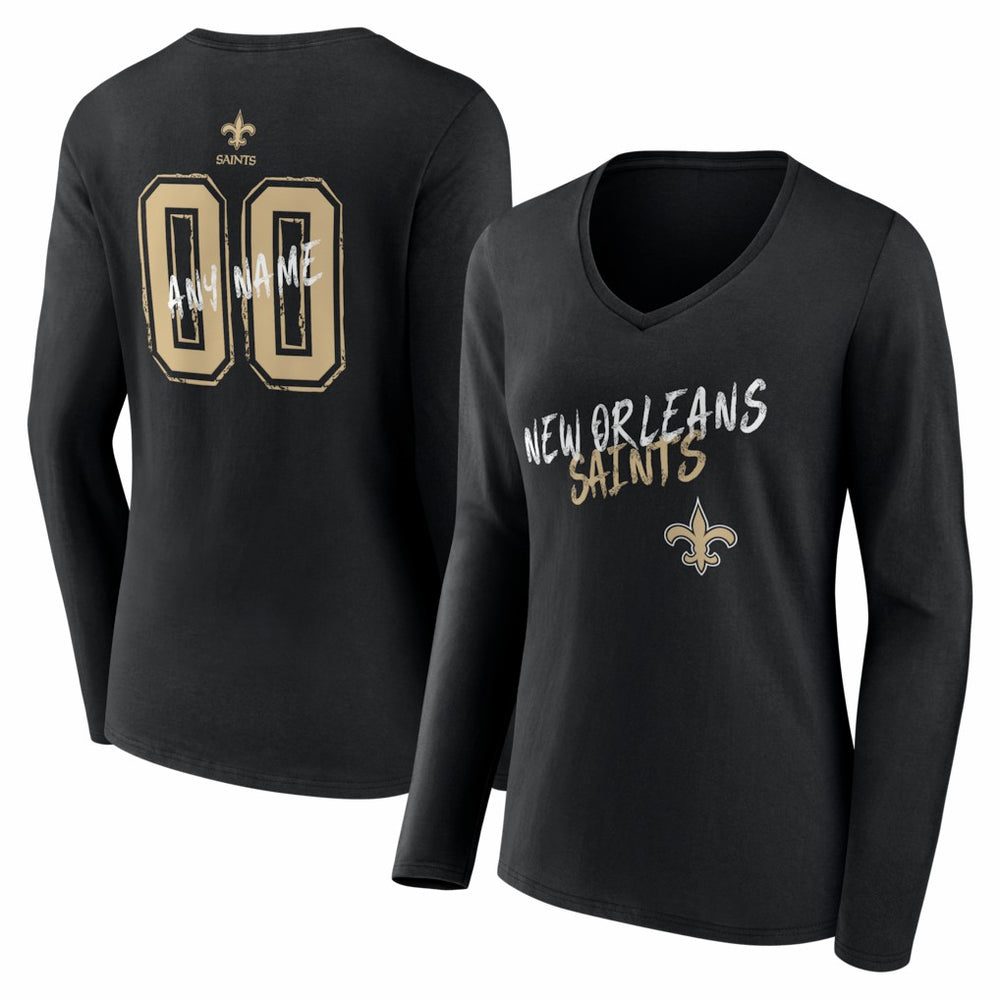 New Orleans Saints Women's Hustle Personalized Name & Number Long Sleeve V-Neck T-Shirt Black - NFL