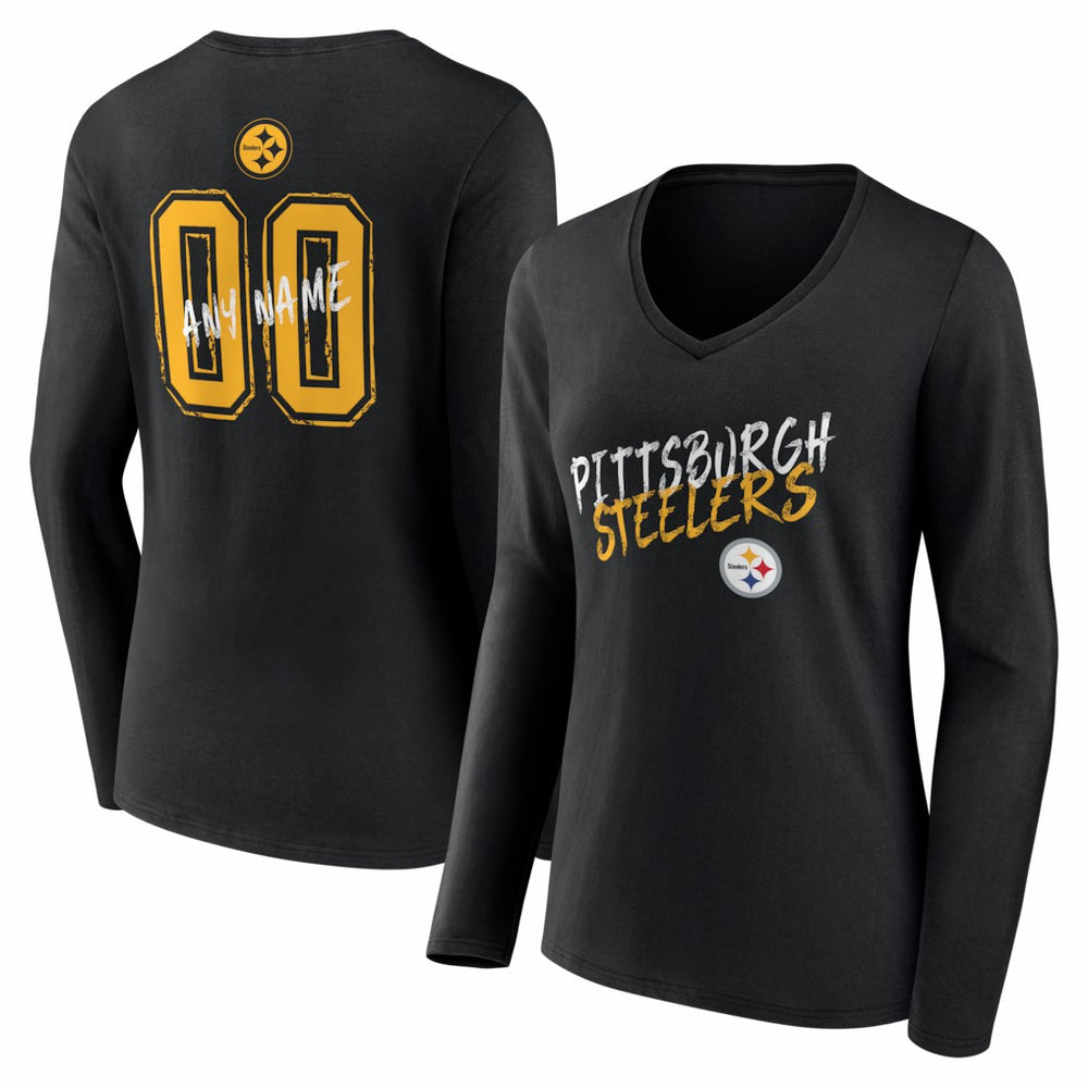 Pittsburgh Steelers Women's Hustle Personalized Name & Number Long Sleeve V-Neck T-Shirt Black - NFL