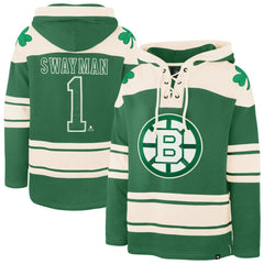 Jeremy Swayman Boston Bruins '47 St. Patrick's Day Player Name & Number Lacer Pullover Hoodie Kelly Green