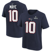 Drake Maye New England Patriots Youth Super Bowl LX Patch Name & Number T-Shirt Navy - Nike