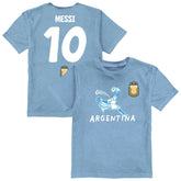 Lionel Messi Argentina National Team Vive La Fete Youth Player Name & Number Chilena Style T-Shirts - Light Blue