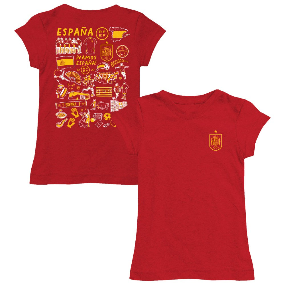 Spain National Team Vive La Fete Girls Youth Impressions Artwork Fitted T-Shirts - Red