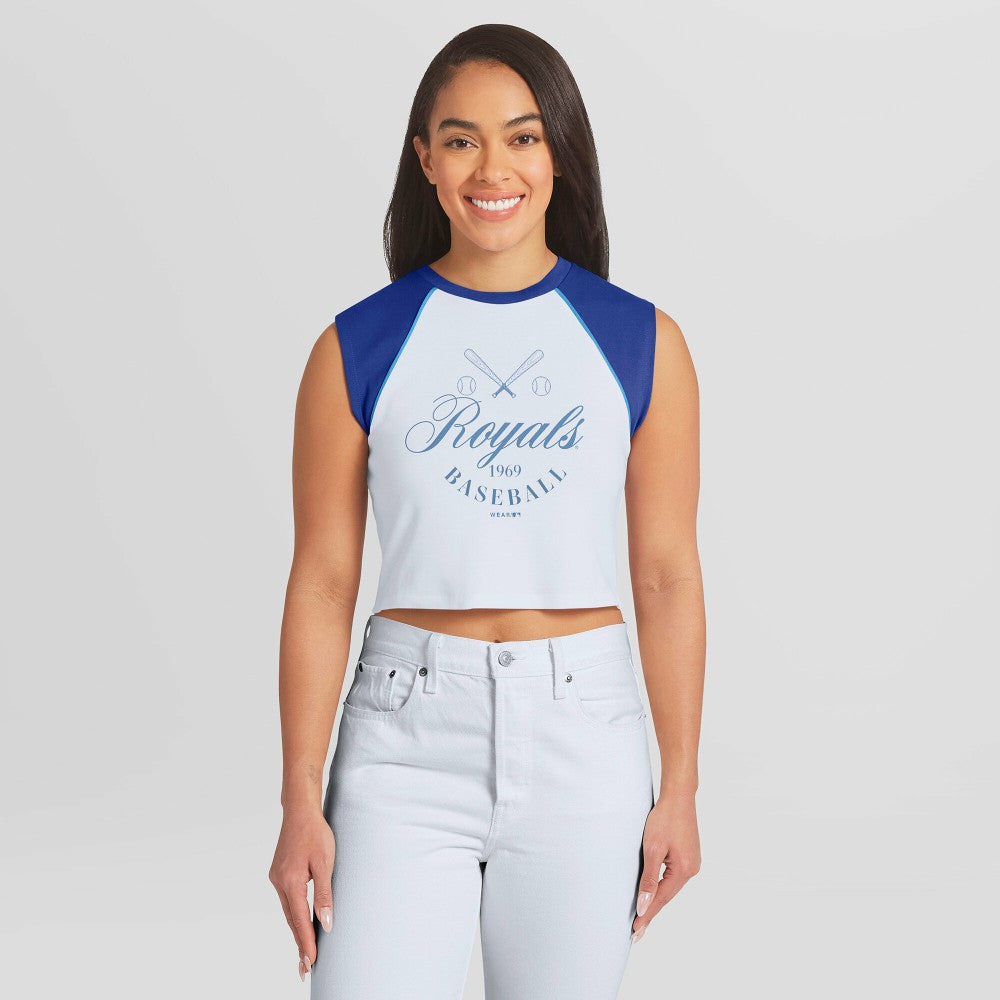 Kansas City Royals WEAR by Erin Andrews Women's Cooperstown Cropped Raglan Tank Top On Sale