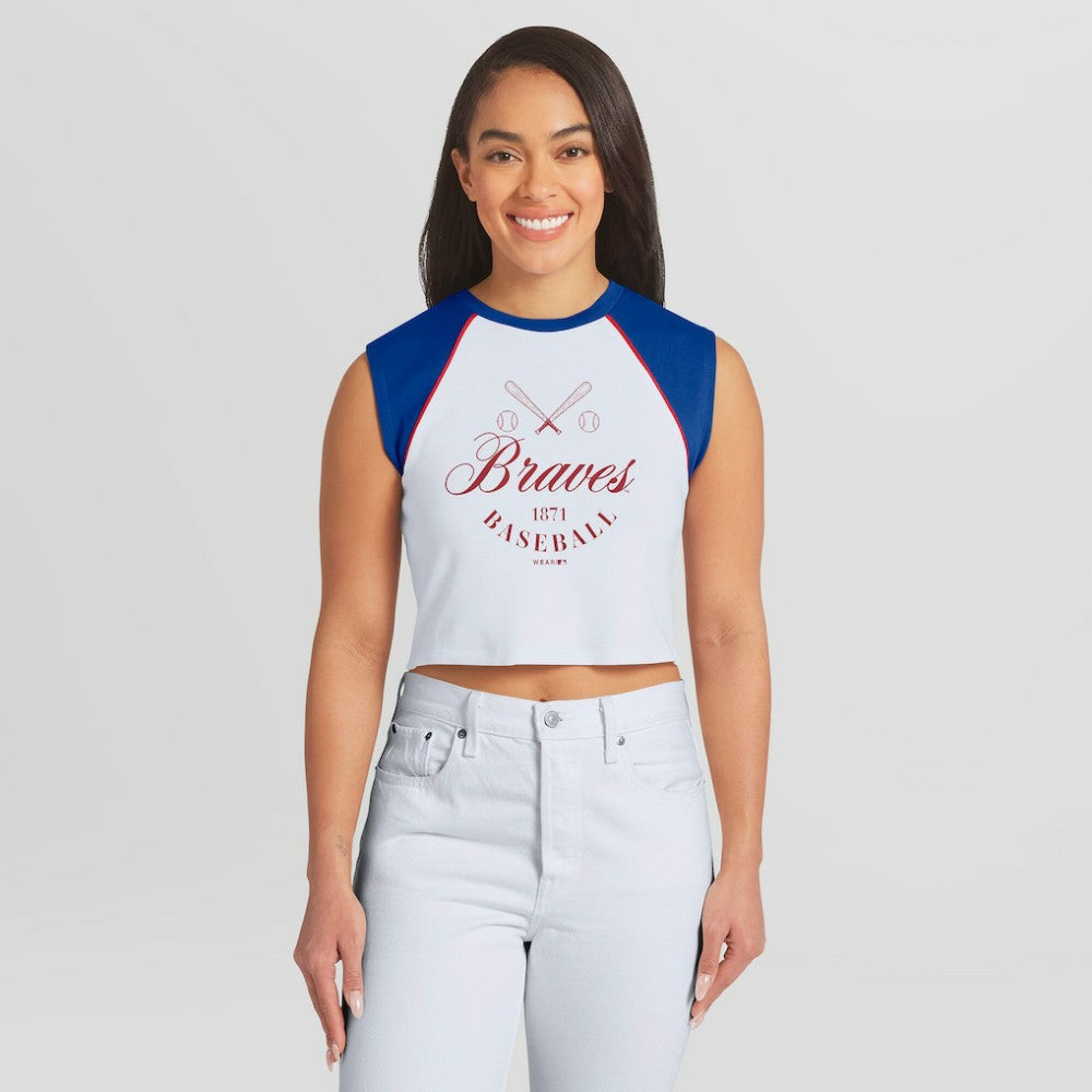Atlanta Braves WEAR by Erin Andrews Women's Cooperstown Cropped Raglan Tank Top Near Me