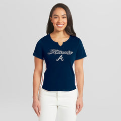 Atlanta Braves WEAR by Erin Andrews Women's Notch Neck Cropped T-Shirt Lifestyle