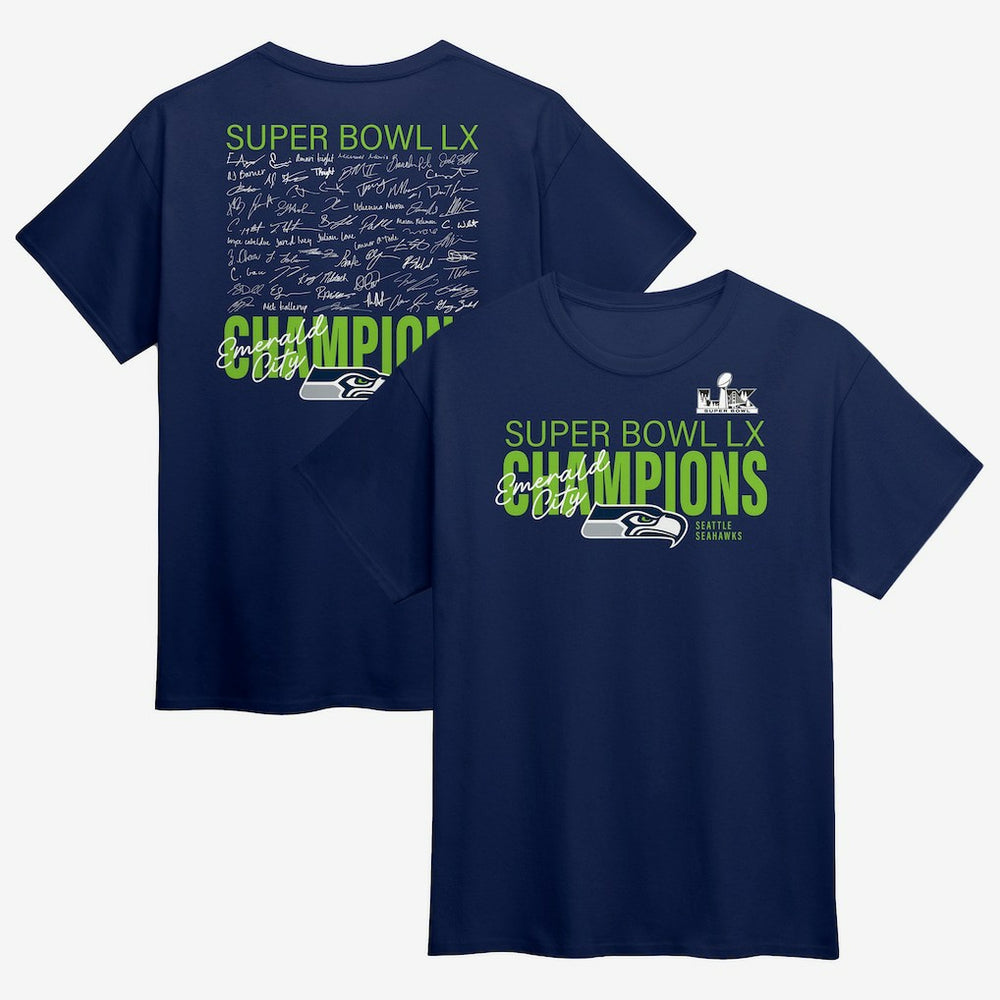 Seattle Seahawks Super Bowl LX Champions Big & Tall Autograph Signing Roster T-Shirt College Navy - Fanatics