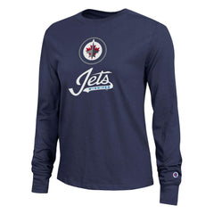 Winnipeg Jets - Champion Women's Wordmark Lockup Long Sleeve T-Shirt Navy
