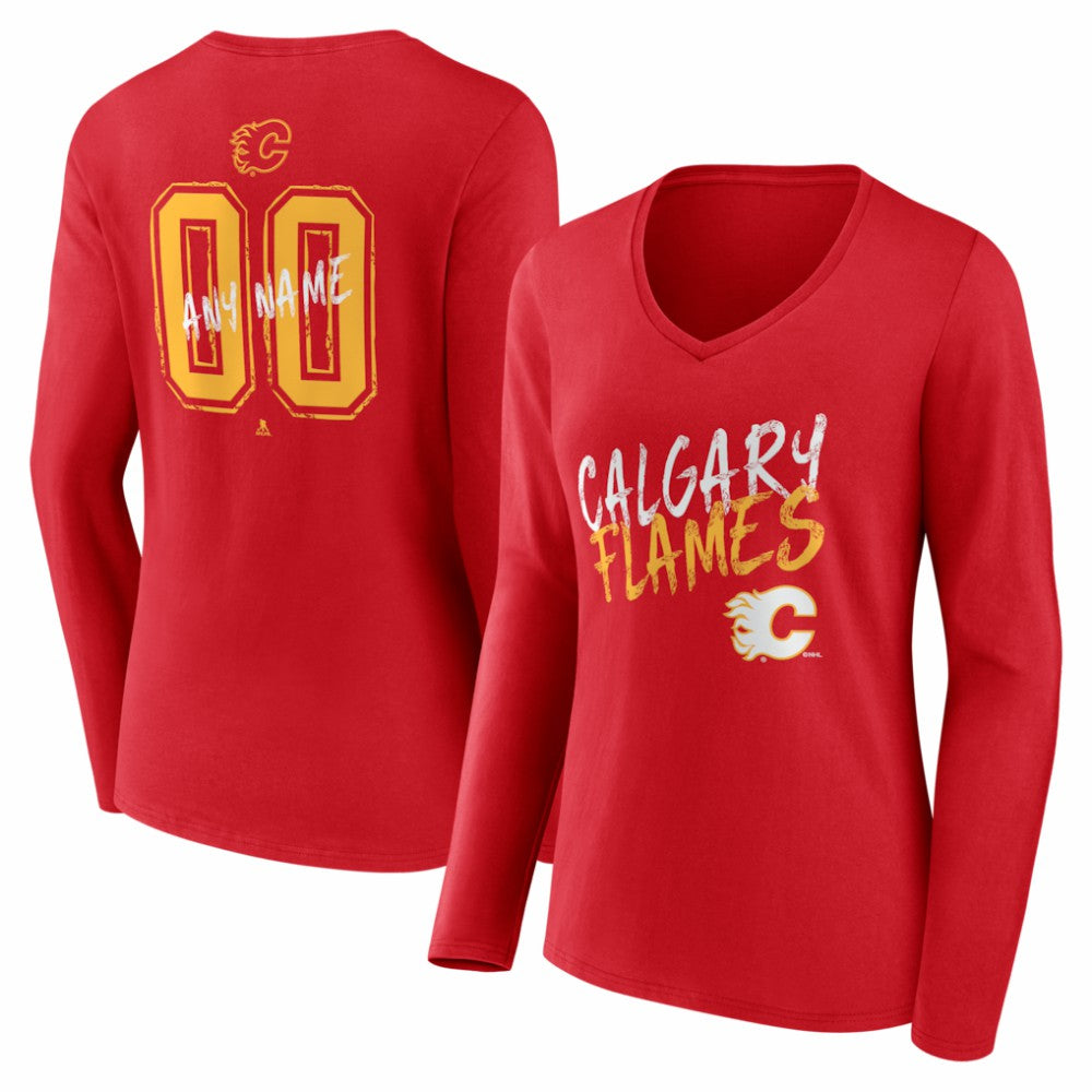 Calgary Flames - Women's Hustle Personalized Name & Number Long Sleeve V-Neck T-Shirt Red