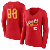Calgary Flames - Women's Hustle Personalized Name & Number Long Sleeve V-Neck T-Shirt Red