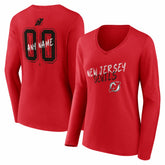 New Jersey Devils - Women's Hustle Personalized Name & Number Long Sleeve V-Neck T-Shirt Red