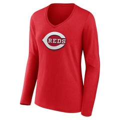 Cincinnati Reds Women's Team Color Primary Logo V-Neck Long Sleeve T-Shirt Lifestyle