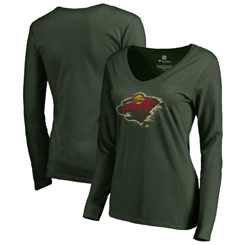 Minnesota Wild - Women's Splatter Logo V-Neck Long Sleeve T-Shirt Green