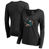San Jose Sharks - Women's Splatter Logo V-Neck Long Sleeve T-Shirt Black