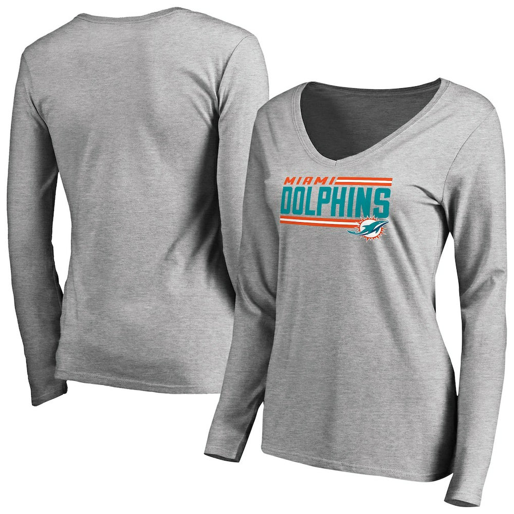 Miami Dolphins Women's Iconic Collection On Side Stripe Long Sleeve V-Neck T-Shirt Ash - NFL